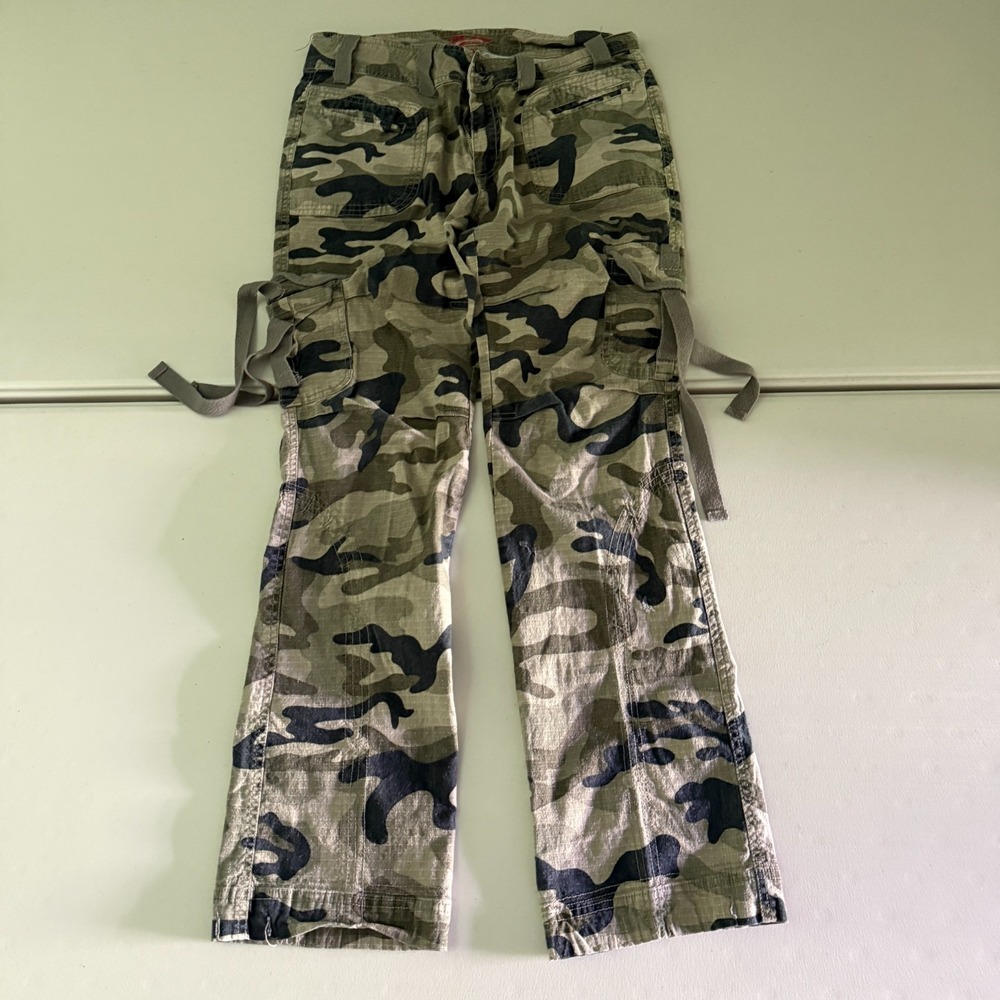 Destiny Jeans Womens 11/12 Camouflage Cargo Multi-Pocket Stretch Twill Green Pan